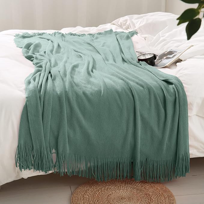 Homiest Decorative Knitted Throw Blanket with Fringe, Lightweight Acrylic Knit, Soft & Cozy Tassel Blanket for Couch, Sofa, Bed (Sage Green, 50 x 60 Inch)
