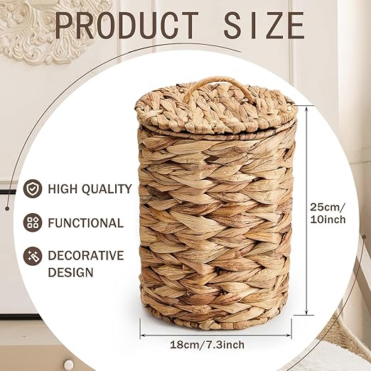 Ctosree 4 Pcs 1.3 Gallon Small Wicker Trash Can with Lid Rattan Trash Can Woven Waste Basket Bathroom Boho Basket Garbage Bin with 200 Pcs Bags for Bedroom Bathroom Office Garbage Living Room Kitchen