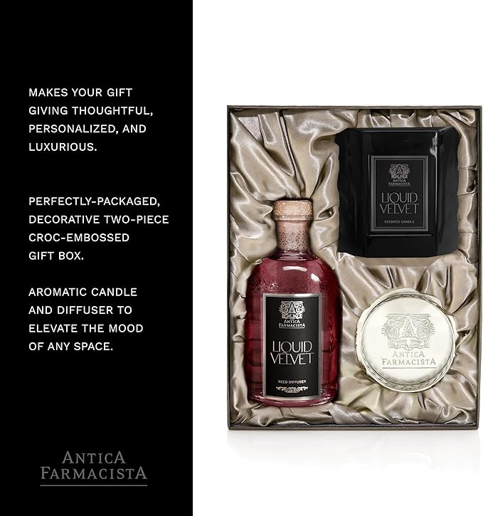 Antica Farmacista Liquid Velvet Candle & Reed Diffuser Set - Gift Set for Women & Men - 9 oz Scented Candle, 8.45 fl oz Reed Diffuser, Silver Diffuser Tray - Holiday Gifts - Home Fragrance Gift Set
