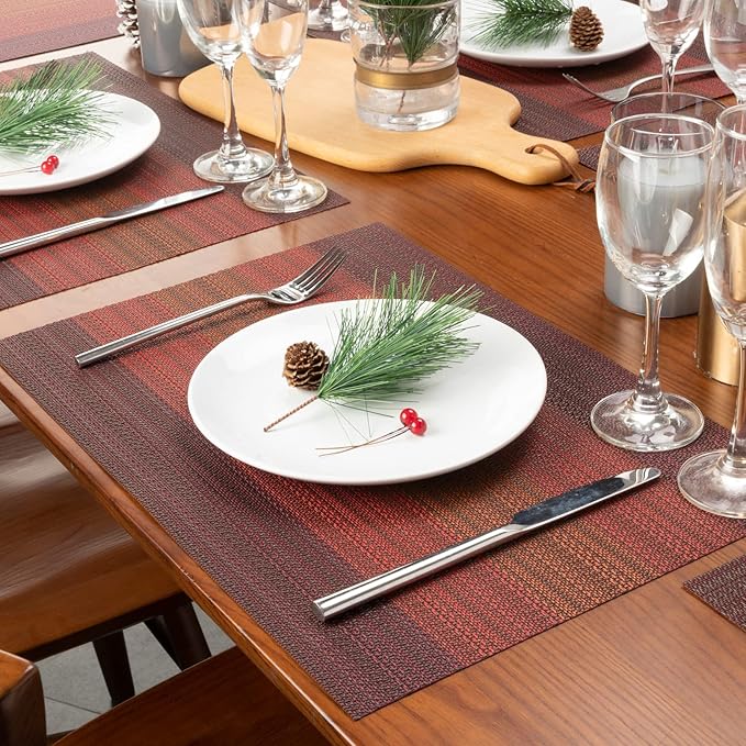 Winknowl Placemats, Set of 8 Heat Resistant Stain Resistant Woven Vinyl Insulation Placemats, Durable Washable Elegant Table Mats for Dining (Red)