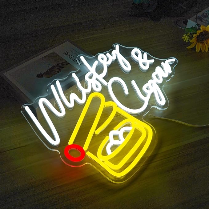 Whiskey and Cigar Neon Sign Dimable Large Whiskey Neon Signs for Wall Decor Bar Neon Signs for Man Cave Home Bar Lounge Bedroom Ideal Party Decor and Birthday Gift(16.2×11.1inch)