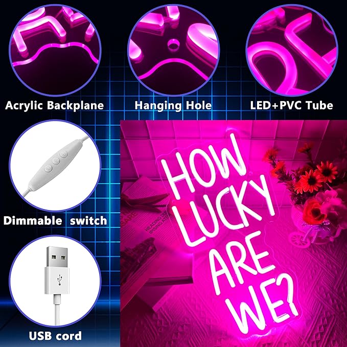 How Lucky Are We Neon Sign, Dimmable LED Pink Anniversary Quote Neon Sign, Motivational Wall Decor, Inspirational Quote Sign Neon Light Sign for Wedding Bedroom Living Room Girls Romantic Gift(8.2*15.3in)