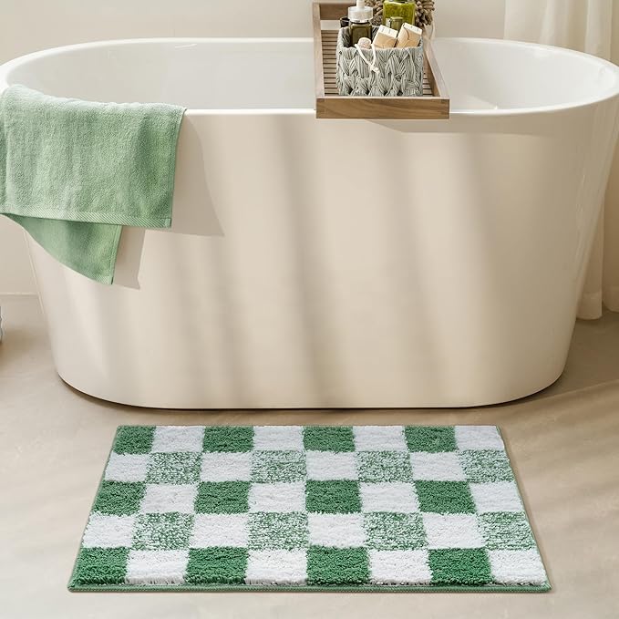 GRANNY SAYS Checkered Green Bathroom Rugs,32" x 20",Fluffy Rug, Absorbent Microfiber Ultra Soft Bath Mat Washable, Non-Slip Bath Mats for Bathroom, Cute Floor Mat for Tub, Shower, Bedroom