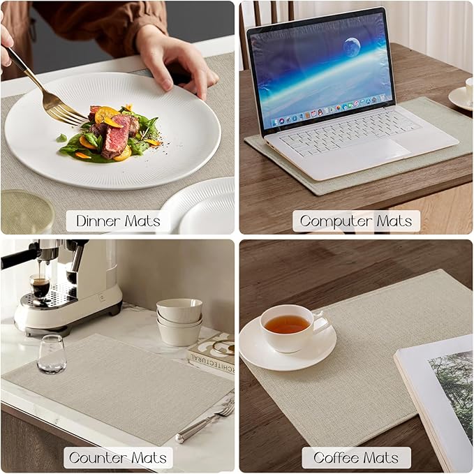 Romanstile Cloth Placemats Set of 8-12 x 18 Inch, Heat Resistant Double Layered Thickened Burlap Place Mats, Washable Faux Linen Farmhouse Table Mats for Kitchen/Dining/Party/Outdoor, Beige
