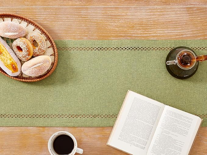Burlap Style Farmhouse Table Runner, 13 x 36 Inch Sage Green, Rustic Geometric Hollow Table Runners 36 Inches Long for Dresser Table Everyday Use, 13x36 Inches, Sage Green