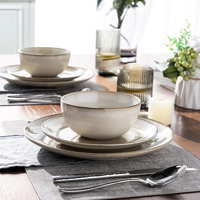 AmorArc Stoneware Dinnerware Sets for 8, 24 Pieces Handpainted Ceramic Plates and Bowls Set, Scratch Resistant Dishes Set, Dishwasher & Microwave Safe, Cappuccino