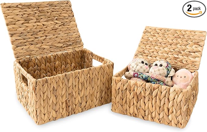 Wicker Storage Baskets with Lid, Set 2 Basket With Lid Decorative Storage Rectangle Wicker Storage Basket With Lid Large Rattan Storage Box Hyacinth Baskets