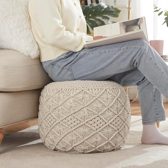 Ornavo Home Pouf Ottoman Foot Rest - 100% Cotton Pouffe - Hand Knitted Macrame Braid - Boho Round Stuffed Ottoman for Living Room, Bedroom - Natural