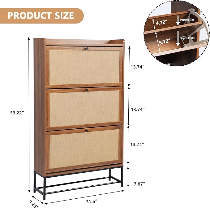 AVZEAR Narrow Shoe Storage Cabinet with 3 Flip Drawers, Freestanding Wooden Closed Shoe Rack, Slim Cabinet Storage for Entryway, Hallway, Living Room (Walnut)