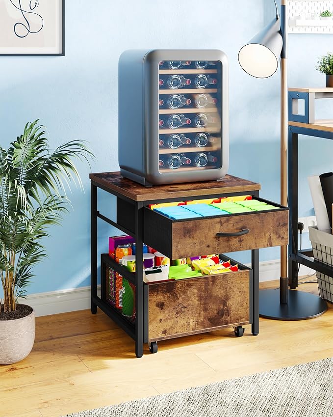 End Table, 19.7 Inch Square Side Table, Mini Fridge Stand with Storage, Nightstand with Mobile Basket Cart, for Living Room, Bedroom, Rustic Brown and Black TBZ55BF