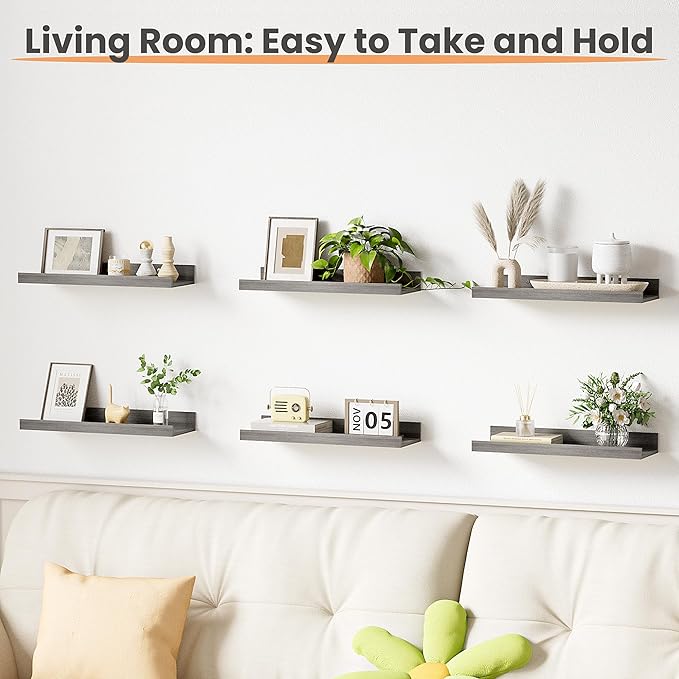 upsimples Floating Shelves for Wall, Wall Shelves for Decor Storage Set of 6, Wall Mounted Wood Shelves for Bedroom, Living Room, Bathroom, Kitchen, Picture Ledge Shelves, Grey