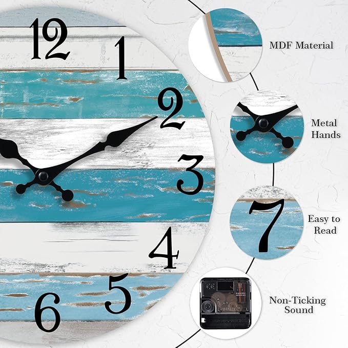 Wall Clock Battery Operated 14 Inch Outdoor Large Beach Style Blue Coastal Retro Silent Non Ticking Decorative for Bathroom Kitchen Living Room Bedroom