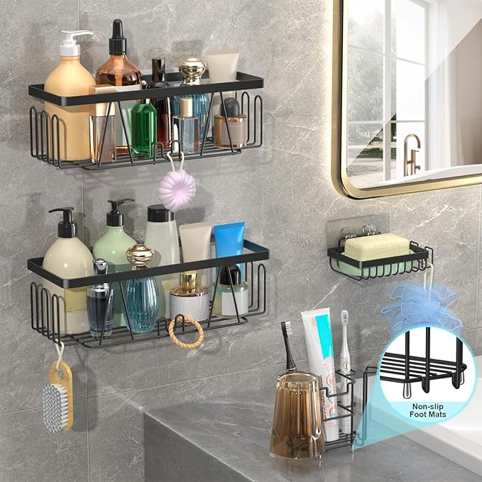 STEUGO Adhesive Shower Shelf - 5 Pack Drill-Free Shower Caddy with Soap and Toothbrush Holder, Rustproof Stainless Steel Black