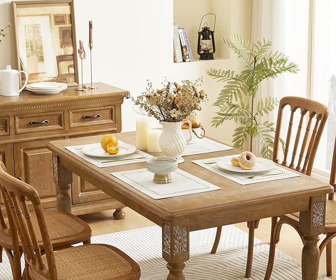 Burlap Placemats Set of 4, 12 x 18 Inch Rustic Geometric Hollow Place Mats, Heat Resistant Placemats for Farmhouse Kitchen Table Decor, Off White 4PCS