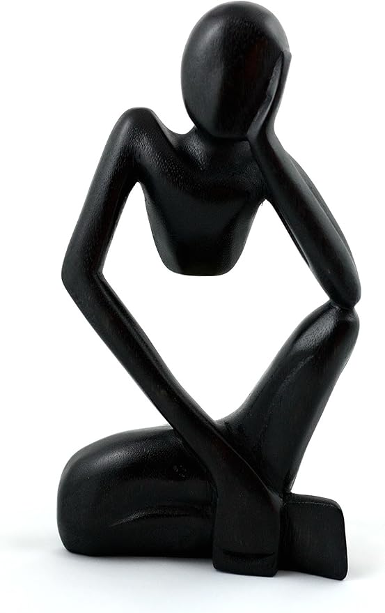 12" Wooden Handmade Abstract Sculpture Thinker Statue Handcrafted - Thinking Man - Gift Art Modern Decorative Unique Home Decor Figurine Accent Decoration Artwork Hand Carved (Black)