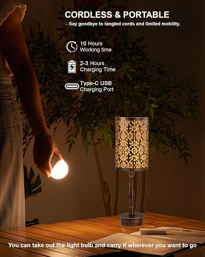 UMEXUS Cordless Table Lamp with Remote, Timer & Dimmer, RGB Small Rechargeable Battery Operated, Touch Bedside Night Lights, Antique Bronze Ambient Lighting, Patio Dining Side End Table Lamp
