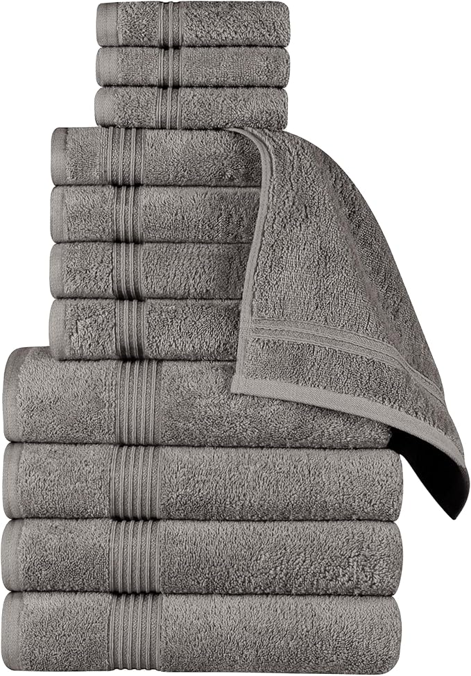 Superior Egyptian Cotton 12-Piece Towel Set, Assorted Towels for Home Bathroom, Master, Guest Bath, Decor Essentials, Includes 4 Bath, 4 Hand, 4 Face Towels/Washcloths, Quick Dry, Absorbent, Charcoal