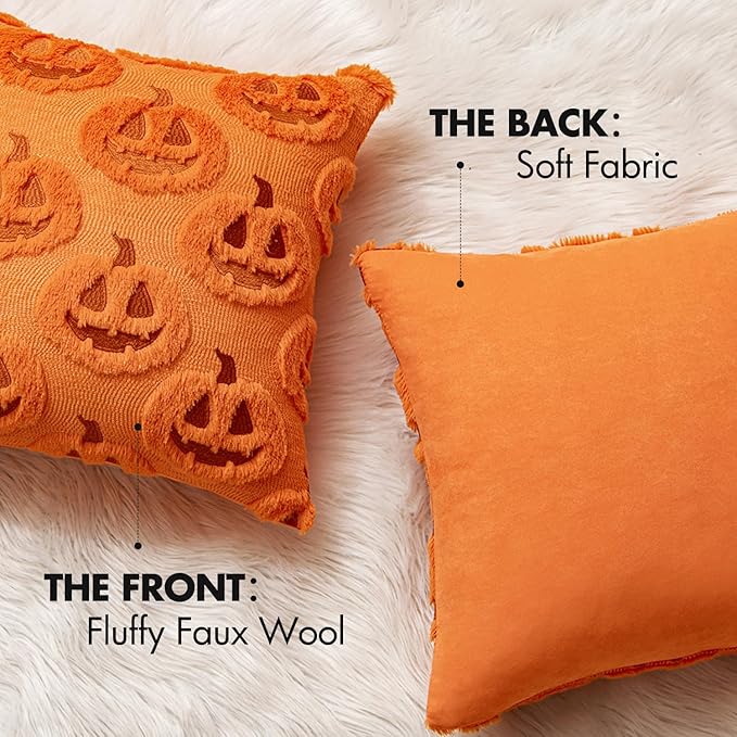 MIULEE Fall Halloween Throw Pillow Covers 20x20 Decorative Pumpkin Pattern Pillowcases Soft Plush Faux Wool Cushions for Home Patio Sofa Couch,Orange