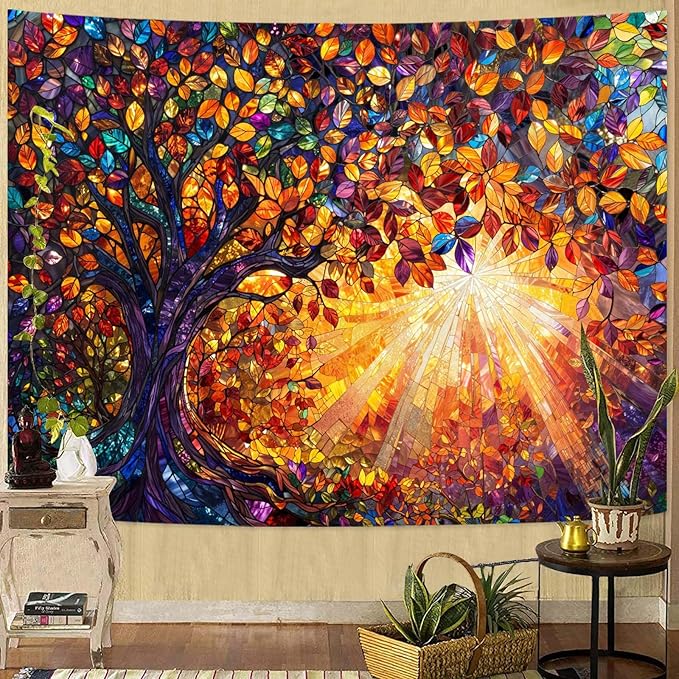 Lunerfex Tree of Life Tapestry Stained Glass Tapestry Wall Decor Tapestries for Bedroom Art Tapestries Wall Hanging for Bedroom Living Room Glass-Tree-03 44"x60"