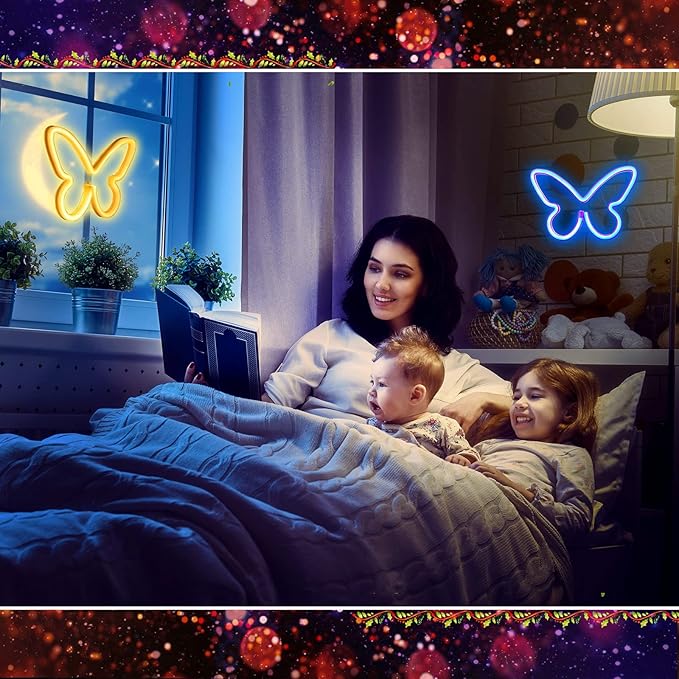 Riakrum 2 Pcs Butterfly Neon Signs LED Light 3AA Battery Powered USB Operated Wall Neon Light Decor Butterfly Wall Art for Christmas Home Bedroom Birthday Party Decor(Blue, Warm White)