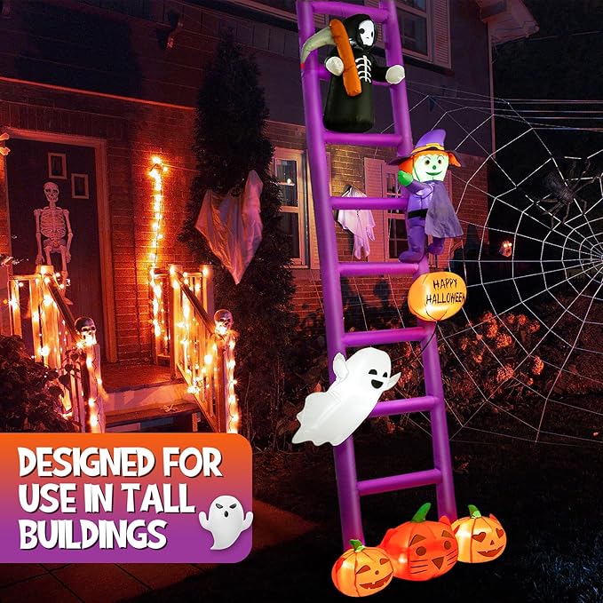 Halloween Inflatables, 10.5ft Purple Ladders Decorations, Blow Up Yard Inflatables, Pumpkin&Ghost&Witch&Skeleton, Extra Large Decorations with Built-in LEDs, for Holiday Outdoor Rooof Trees