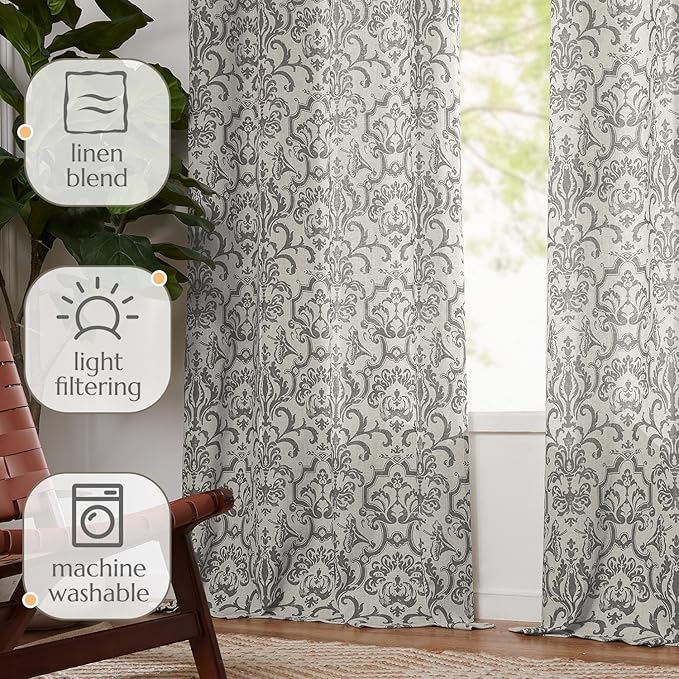 Jinchan Linen Curtains for Bedroom and Living Room - Grey Damask Patterned, 90 Inches Long, Light Filtering, Vintage Baroque Style Drapes With Grommets - 2 Panels Set