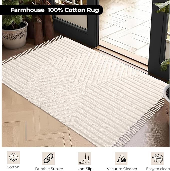 Boho Bathroom Rug 2' x 3', Washable Hand-Woven Tufted Cotton Rug with Tassels for Entryway, Foyer, Bedroom, or Kitchen - Pestal Linen