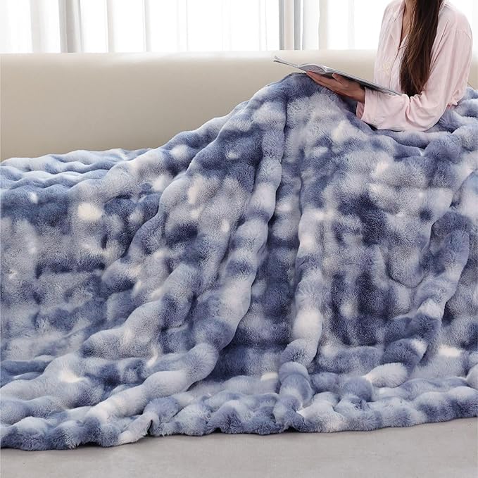 Tie-dye Blue Cozy Faux Fur Throw Blanket for Couch Bed Living Room 60x80 Furry Soft Fluffy Thick Warm Blanket for Winter Home Gifts 860 GSM