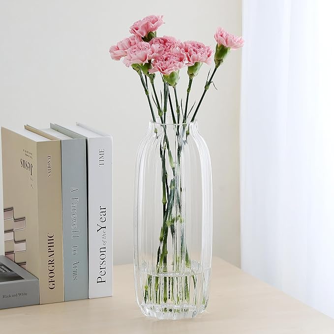 Large Clear Glass Vase for Flowers Bud Tall Glass Vases,H-12.6" Simple Striped Design for Home Floor Decor,Farmhouse Decor, Centerpiece Coffee Table Decorations