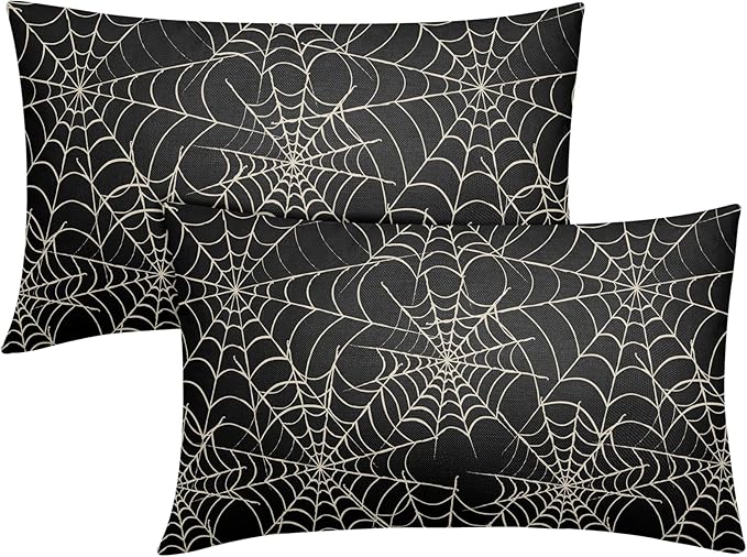 Halloween Spiderweb Pillow Covers 12x20 Set of 2 Black White Spider Web Outdoor Decorative Throw Pillows Halloween Scary Themed Farmhouse Pillowcases Linen Cushion Case Decor for Home Sofa Couch Bed