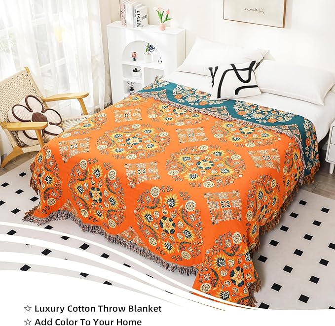 Boho Large Throw Blanket, 100% Organic Cotton Breathable Soft Bed Throw - Floral Farmhouse Decor Blanket for Sofa Couch Chair and Gift. 91" x 98"- Orange