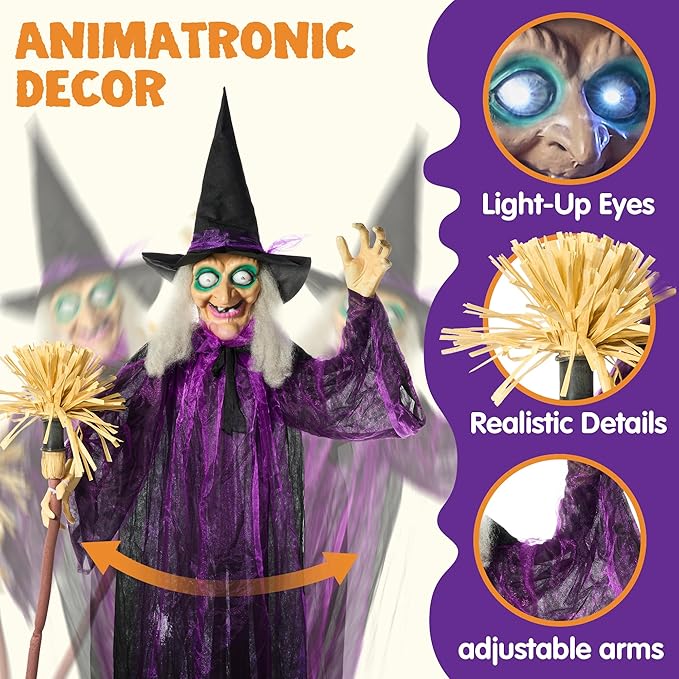 JOYIN 72" Outdoor Halloween Decorations Witch Life Size Animated with LED Eyes and Creepy Sound, Radar Motion Activated Animatronics Clearance for Haunted House Decor Lawn Yard Patio