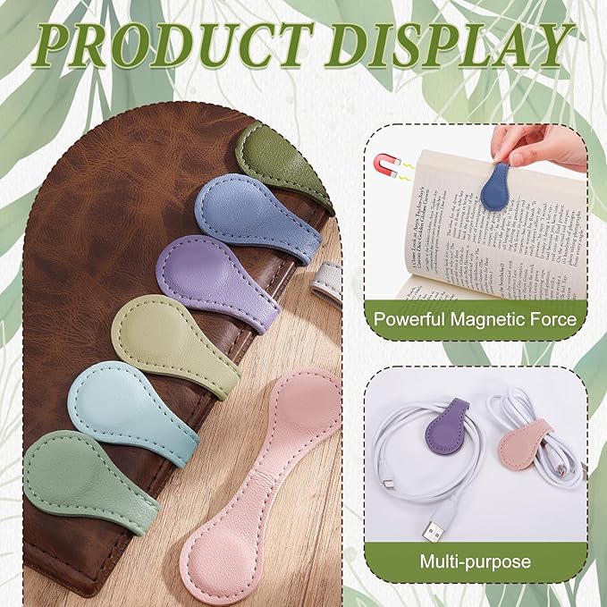 8 Pcs Leather Magnetic Bookmarks,Retro Magnetic Bookmark Holder,Double-Sided Magnetic Buckle for Wallet,PU Leather Bookmark Gift Suitable for Reading Lovers(Light Colour)