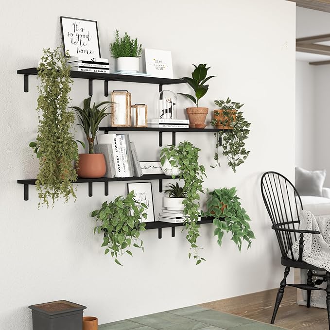 Floating Shelves, 8 Sets Wall Shelves, Wooden Floating Shelves for Bedroom Wall Décor, Wall Mounted Floating Bathroom Shelf for Storage, Floating Book Shelf Living Room – Black