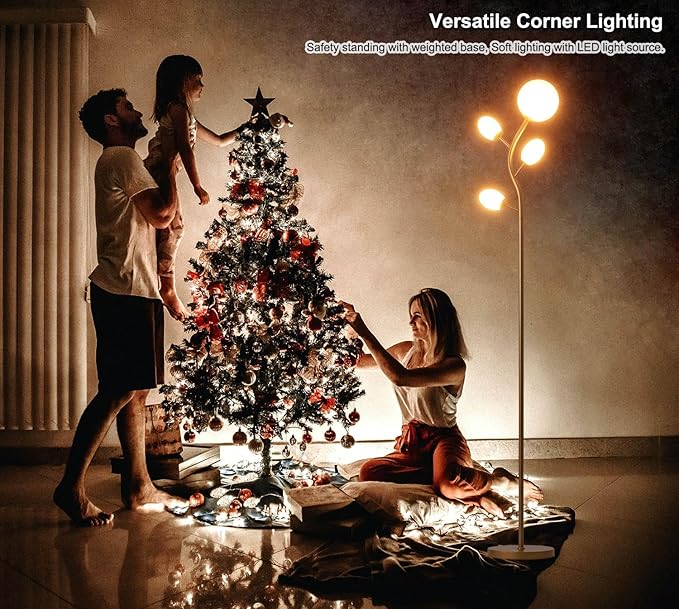 Fiqevs 4 Globe Floor Lamp with 2700K Warm Light LED Bulbs Included, Mid Century Modern Tree Standing Lamp with Frosted Glass Shade, Arc Torch Tall Lamp for Living Room, Bedroom, Office, Antique Brass