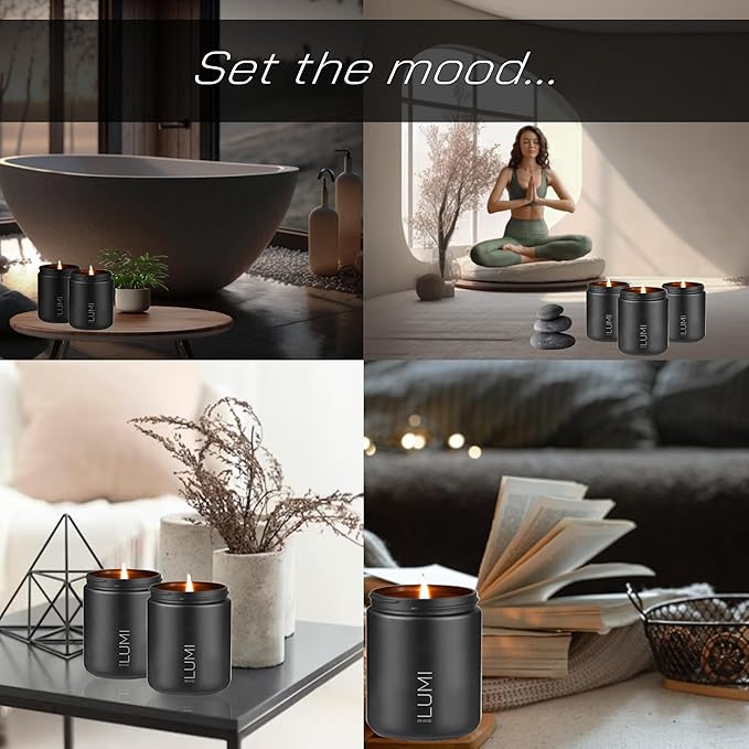 Set of 3 Scented Soy Candles Gift Set | Le Noir Collection | 3 Scented Candles - Men's Cologne, Red Teakwood, Bergamot & Oud | Crackling Wood Wick | Clean Burn | 40+HR Burn Time, 7oz Each