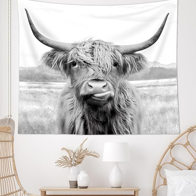 AMBZEK Highland Cow Tapestry, 51Hx59W Inch, Funny Western Decor, Wall Art for Bedroom, Dorm, Living Room