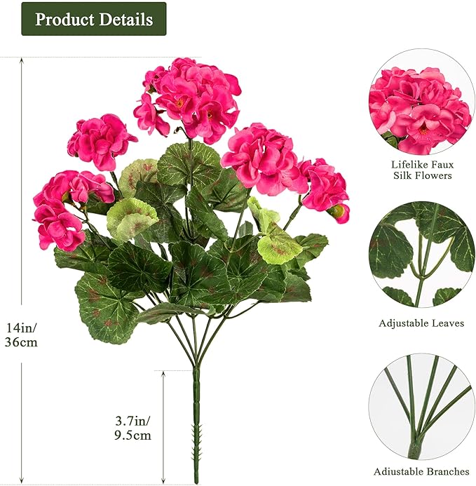 Plastic Flowers for Outdoors Home Decor Fake Plants Artificial Flowers Artificial Geraniums Outdoor Fake Flowers Silk Bouquet, Fall Decor for Interior Porch Garden Decor 14.4"(Rose Red) 8PCS