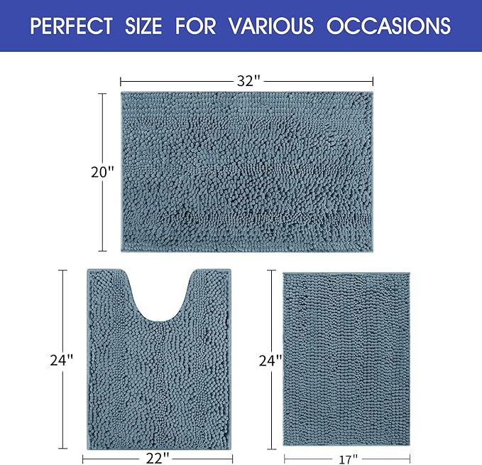 Striped Haze Blue Bathroom Rug Set 3 Pieces Ultra Soft, Non Slip Chenille Bath Carpet, Absorbent Plush Shaggy Bath Mats for Bathroom, Toilet, Bedroom, Stone Blue