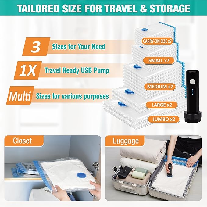 Vacuum Storage Bags with Electric Pump, 25 Combo Space Saver Bags Vacuum Seal Bags with Pump, Space Bags, Comforters, Blankets, Beddings
