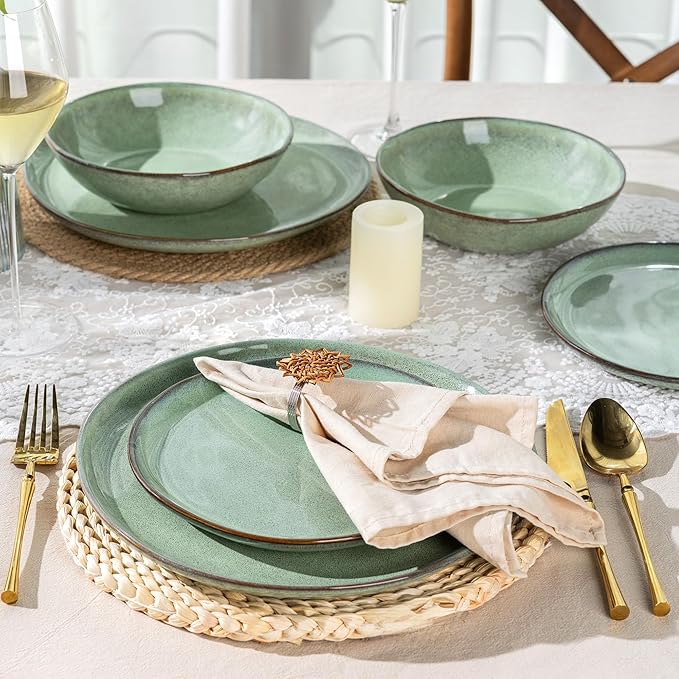 AmorArc Ceramic Dinnerware Sets,Handmade Reactive Glaze Stoneware Plates and Bowls Set,Highly Chip and Crack Resistant | Dishwasher & Microwave Safe Dishes Set,Service for 4 (12pc)