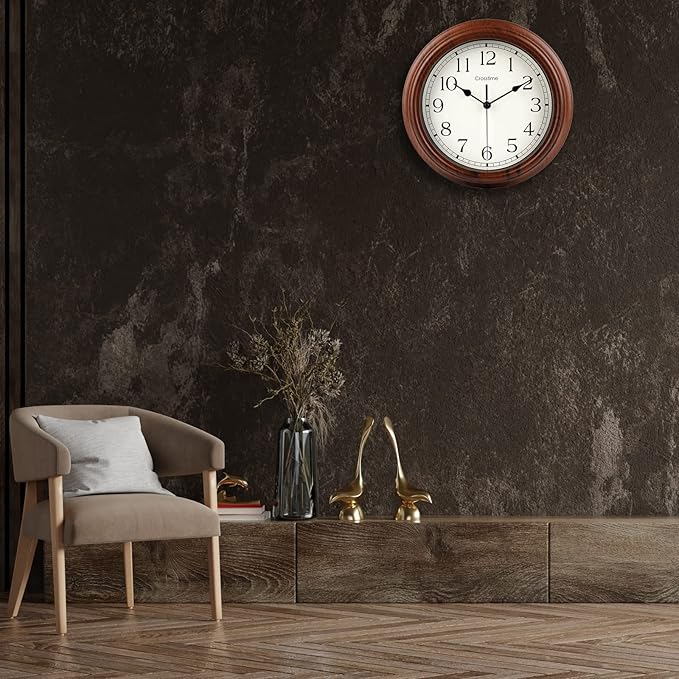Wall Clock, Wood Grain Silent Non-Ticking Classic Retro, Battery Operated Wall Clocks for Living Room Kitchen Bathroom Home Decor- 12 Inch,Brown,Waterproof