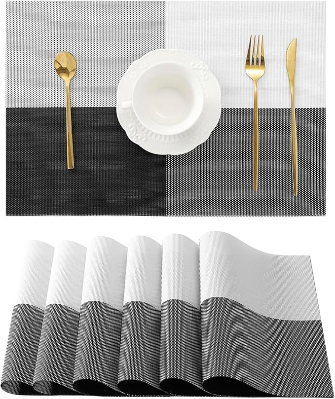 Leetaltree Gray with White Grid Pattern Placemats Set of 6 - Heat Resistant Non-Slip Place mats for Dining Table, Washable Durable PVC Vinyl Woven Table Mats(Grey Grid, 6)