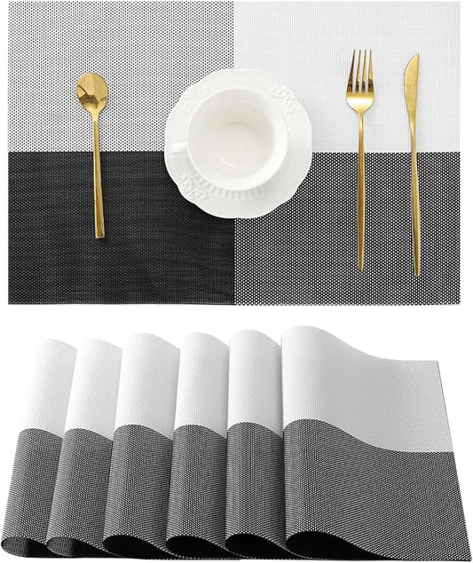 Leetaltree Gray with White Grid Pattern Placemats Set of 6 - Heat Resistant Non-Slip Place mats for Dining Table, Washable Durable PVC Vinyl Woven Table Mats(Grey Grid, 6)