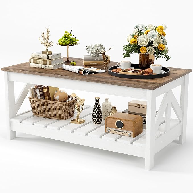 JUMMICO 39” Farmhouse Coffee Table for Living Room, 2-Tier Modern Living Room Table with Storage Shelf, Rustic Rectangular Center Table Space Saving Home Furniture (Rustic Oak & White)
