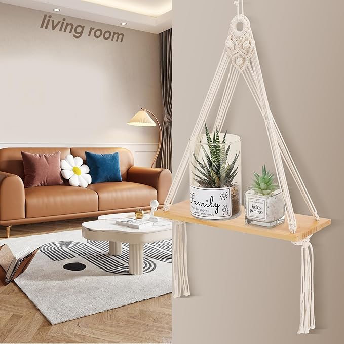 Macrame Wall Hanging Shelf Set of 2,Boho Wooden Display Floating Shelves for Wall Decor with Handmade Woven Rope,Farmhouse Rustic Plant Shelf for Bedroom Dorm Nursery Living Room Bathroom