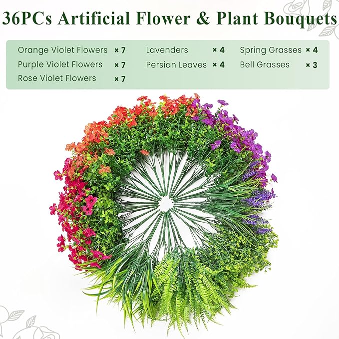 36 Bundles Artificial Flowers for Outdoors Spring Summer Decoration, UV Resistant Eucalyptus Violet and Lavender Silk Fake Plants for Outside Indoor Yard Home Patio Decor, Orange Rose Purple