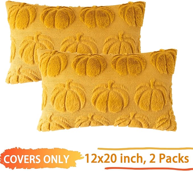Pumpkin Fall Decorative Throw Pillow Covers 12"x20", Set of 2 Mustard Yellow Soft Faux Fur Pillow Covers for Autumn Harvest, Fluffy Plush Accent Pillow Cases for Farmhouse Halloween Decor