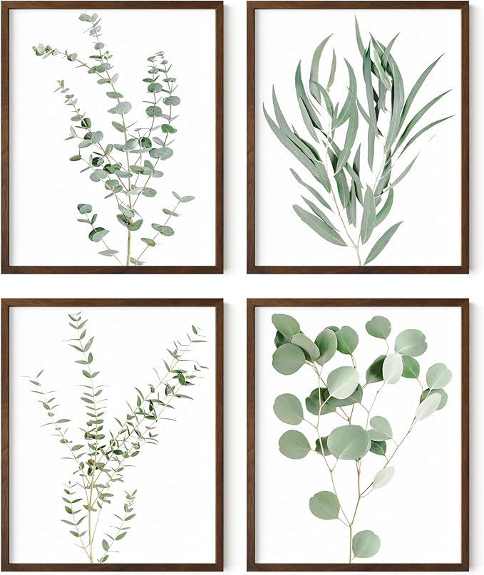 HAUS AND HUES Botanical Plant Wall Art Prints - Set of 4 Plant Wall Decor Prints, Floral Kitchen, Flower Leaves Wall Art, Boho Leaf Eucalyptus Wall Decor, Green Botanical Poster (Walnut Frame, 16x20)