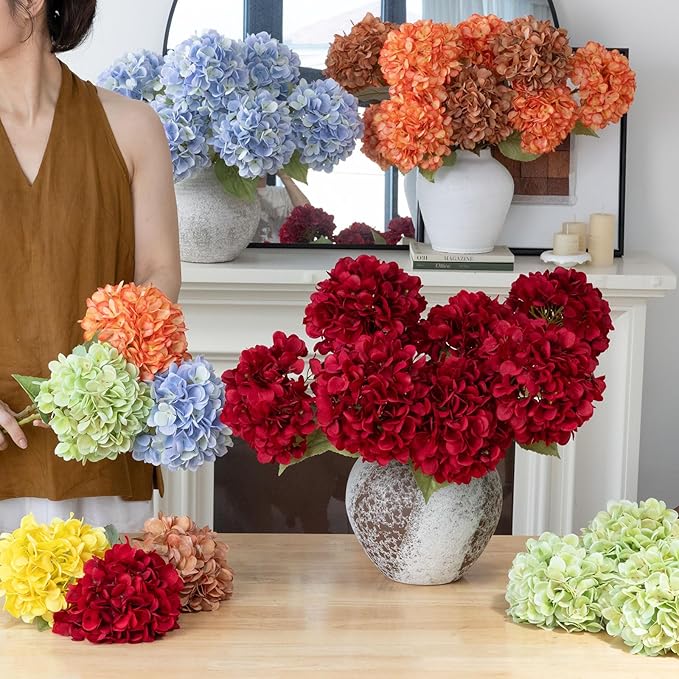 mizii 4Pcs Burgundy Artificial Hydrangea Flowers Large Fake Silk Hydrangea Flower with Leaves Stems Realistic Faux Hydrangeas Decorations for Wedding Table Centerpieces Vase Home Decor (Burgundy)